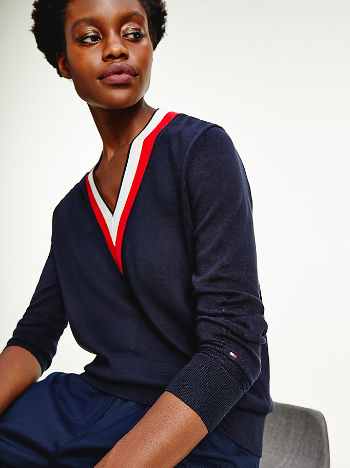 Tommy Hilfiger Tipped V-Neck Gensere Dame Blå | TKBLCF-967