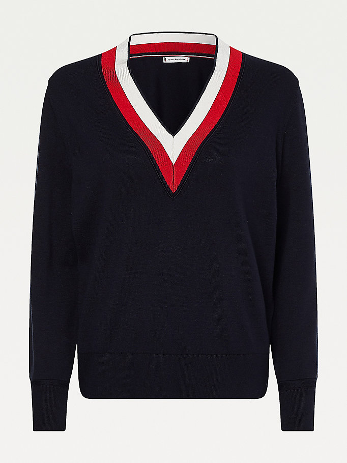 Tommy Hilfiger Tipped V-Neck Gensere Dame Blå | TKBLCF-967