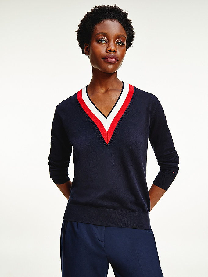 Tommy Hilfiger Tipped V-Neck Gensere Dame Blå | TKBLCF-967