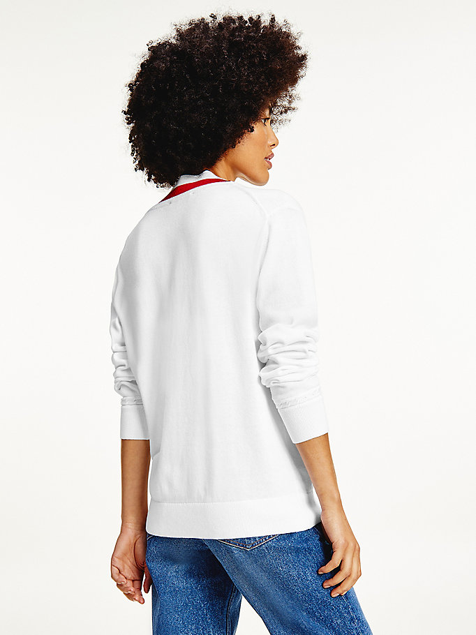 Tommy Hilfiger Tipped V-Neck Gensere Dame Hvite | UWRAXD-526