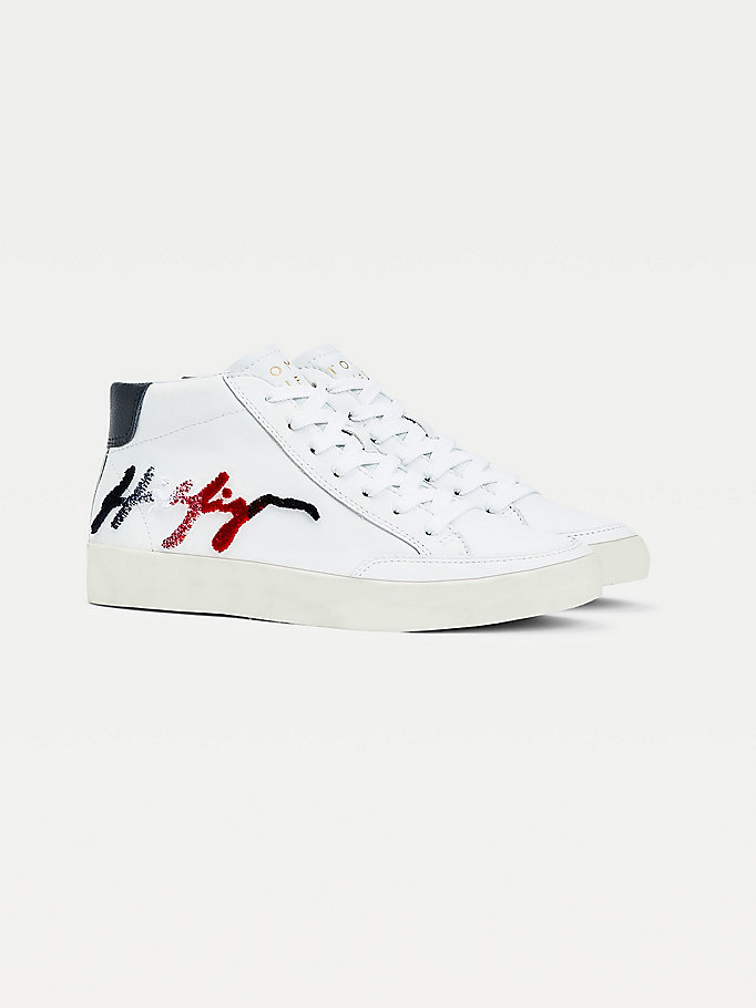 Tommy Hilfiger Velvet Signature Logo Mid- Lær Joggesko Dame Hvite | TVRNPB-430