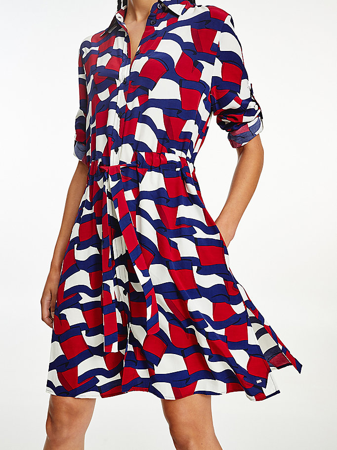 Tommy Hilfiger Viscose Flag Print Kjoler Dame Blå | TRUAVD-203