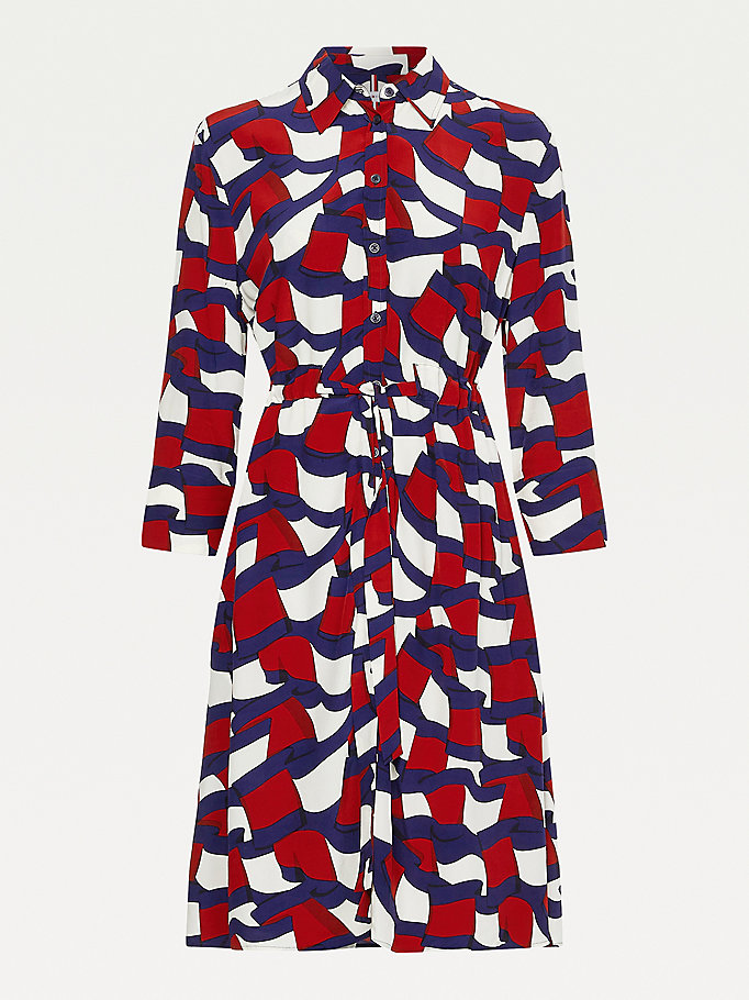 Tommy Hilfiger Viscose Flag Print Kjoler Dame Blå | TRUAVD-203