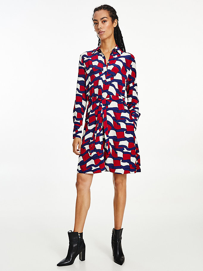 Tommy Hilfiger Viscose Flag Print Kjoler Dame Blå | TRUAVD-203