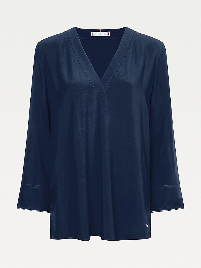 Tommy Hilfiger Viscose V-Neck Skjorte Dame Blå | SIGTEN-149