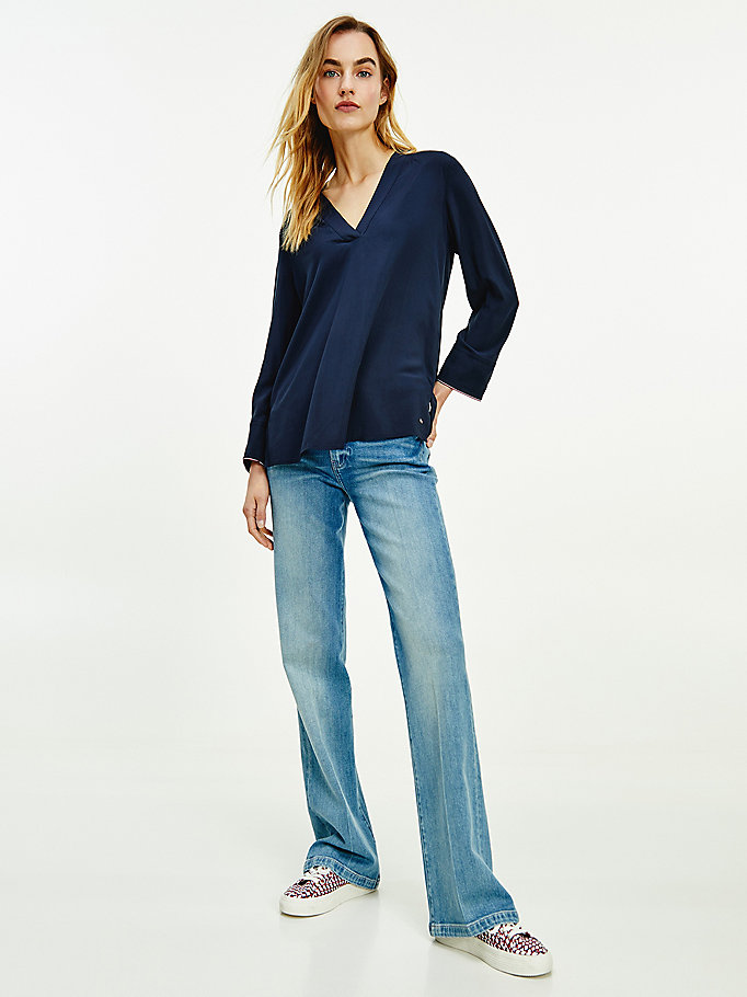 Tommy Hilfiger Viscose V-Neck Skjorte Dame Blå | SIGTEN-149