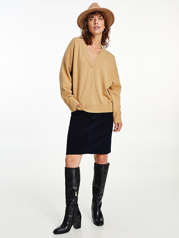 Tommy Hilfiger Wool Alpaca V-Neck Gensere Dame Brune | UZDXTI-452