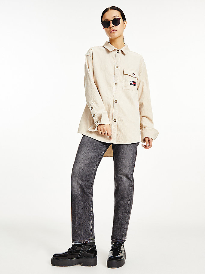 Tommy Hilfiger Badge Corduroy Oversized Fit Over Skjorte Dame Beige | PKRLSE-786