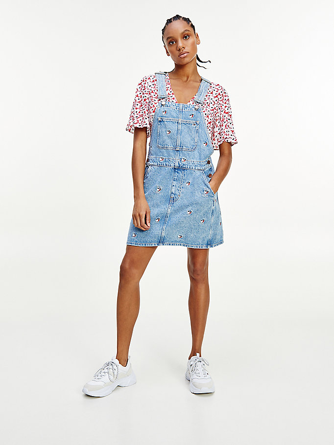 Tommy Hilfiger Badge Embroidery Denim Dungaree Kjoler Dame Blå | LSQKRX-789