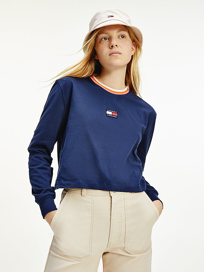 Tommy Hilfiger Badge Long Sleeve Cropped T-skjorte Dame Blå | MIRKEQ-953