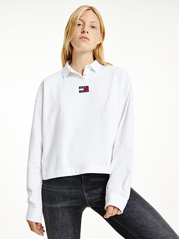 Tommy Hilfiger Badge Long Sleeve Polo T Skjorte Dame Hvite | WOGAMY-490