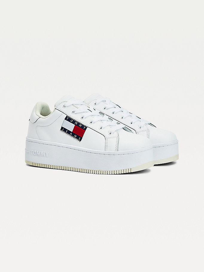 Tommy Hilfiger Badge Lær Flatform Joggesko Dame Hvite | QHIJLV-138