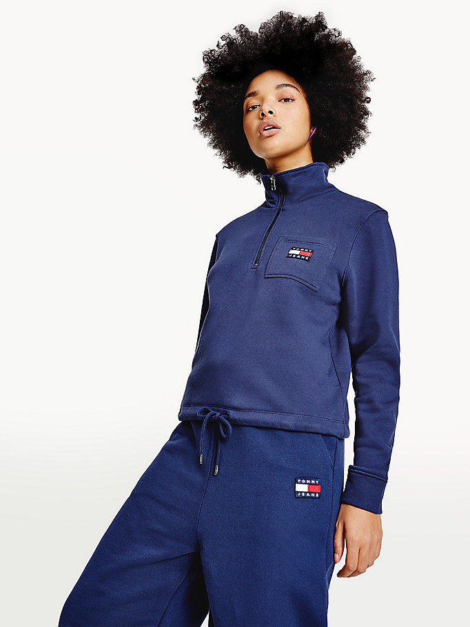 Tommy Hilfiger Badge Quarter Zip Drawstring Hettegensere Dame Blå | XECQBR-350