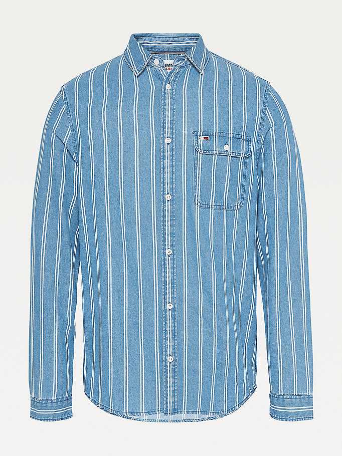 Tommy Hilfiger Baseball Stripe Denim Skjorte Herre Blå | ADQGON-598