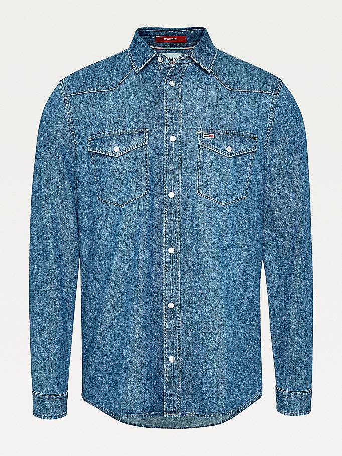 Tommy Hilfiger Bomull Denim Western Skjorte Herre Blå | JGXBUC-672