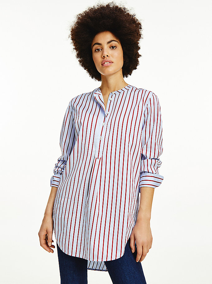 Tommy Hilfiger Bomull Sateen Stripe Tunic Skjorte Dame Rød | WADKTI-592