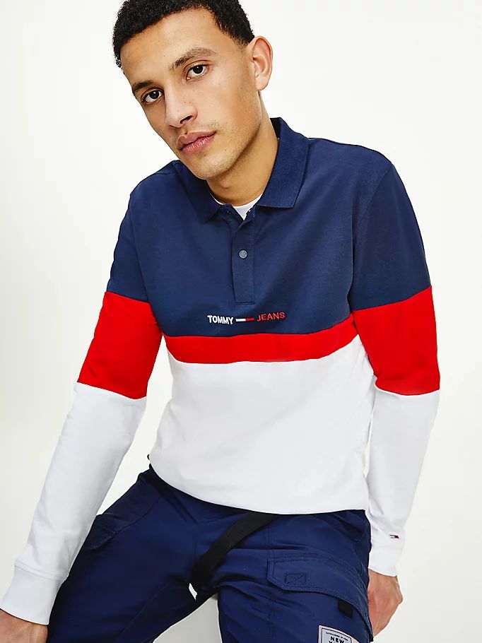 Tommy Hilfiger Colour-Blocked Bomull Long Sleeve Polo T Skjorte Herre Blå | QDLOPM-602