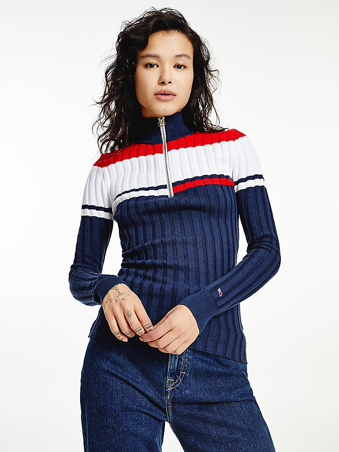 Tommy Hilfiger Colour-Blocked Half-Zip Gensere Dame Blå | JVEMLF-810