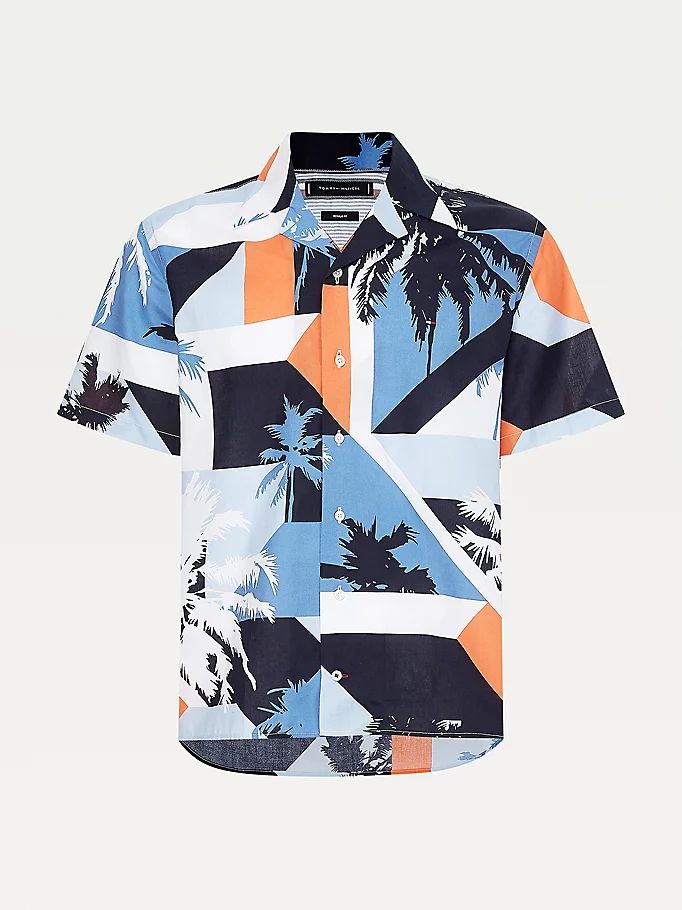 Tommy Hilfiger Colour-Blocked Palm Print Kort Sleeve Skjorte Herre Blå | WAJCVZ-695