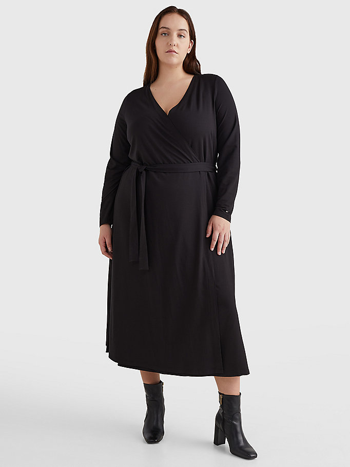 Tommy Hilfiger Curve Long Sleeve V-Neck Midi Wrap Kjoler Dame Svarte | PKSHOE-251