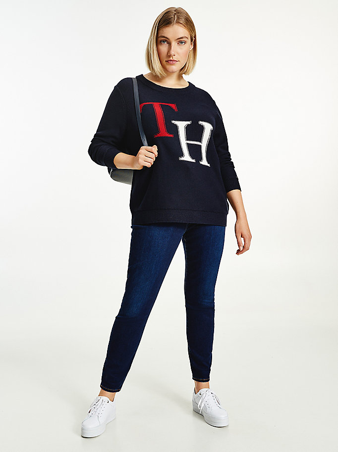 Tommy Hilfiger Curve Monogram Knit Round Neck Gensere Dame Blå | RXZOLT-269