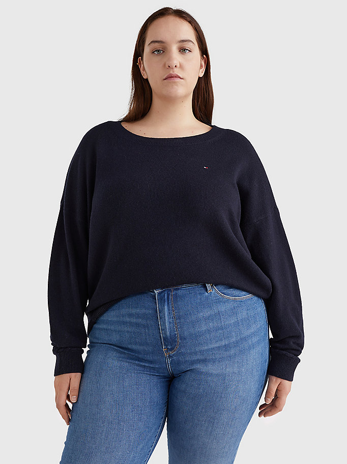 Tommy Hilfiger Curve Pure Wool Round Neck Gensere Dame Blå | FJRYGU-310