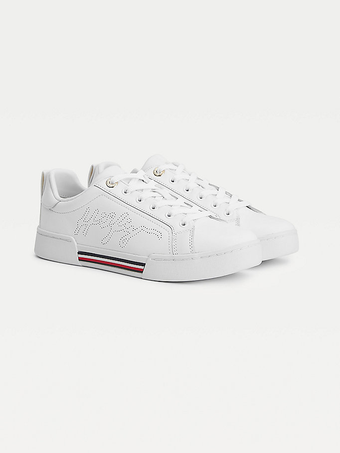 Tommy Hilfiger Elevated Lær Signature Logo Cupsole Joggesko Dame Hvite | ZIMAQG-726