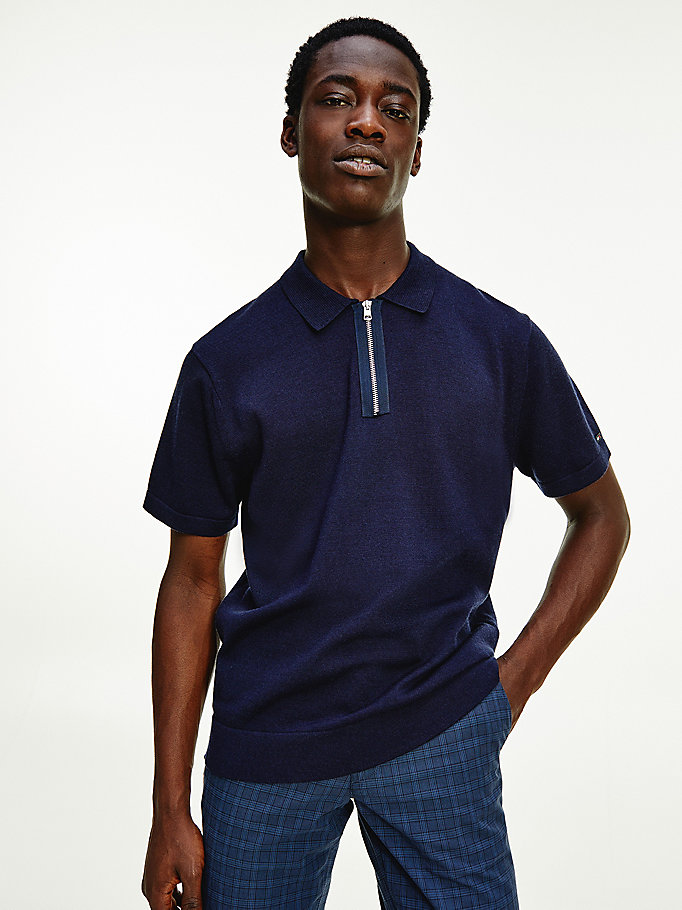 Tommy Hilfiger Elevated Wool Silk Zip Polo T Skjorte Herre Blå | CWGMAX-590