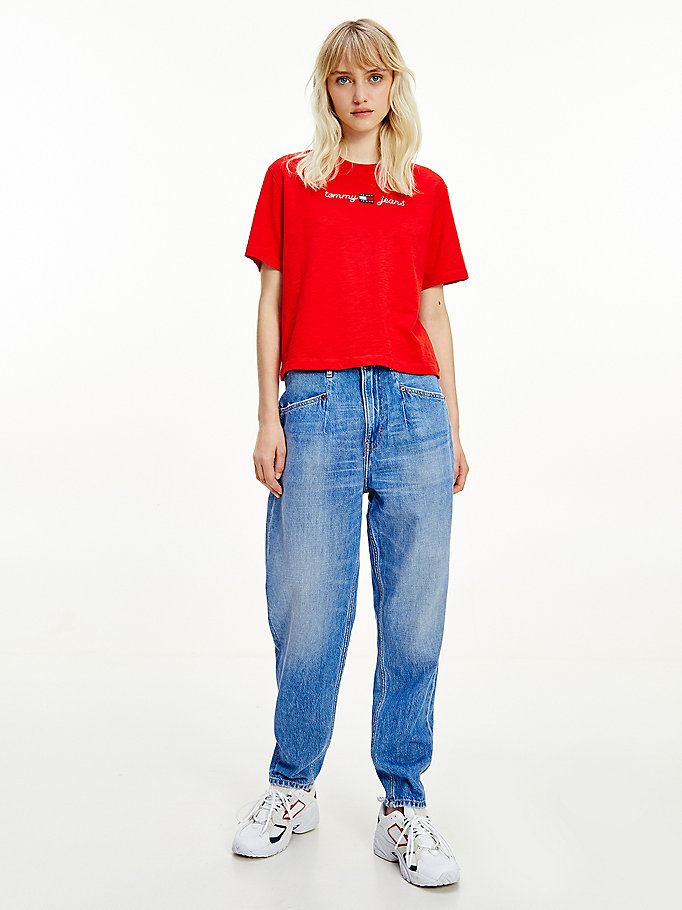 Tommy Hilfiger Embroidery Cropped T-skjorte Dame Rød | BPDNCX-341