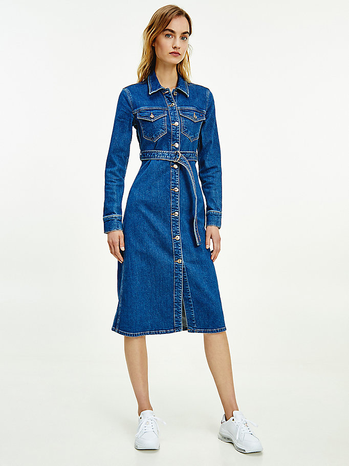 Tommy Hilfiger Fitted Denim Midi Kjoler Dame Blå | TRASQY-697