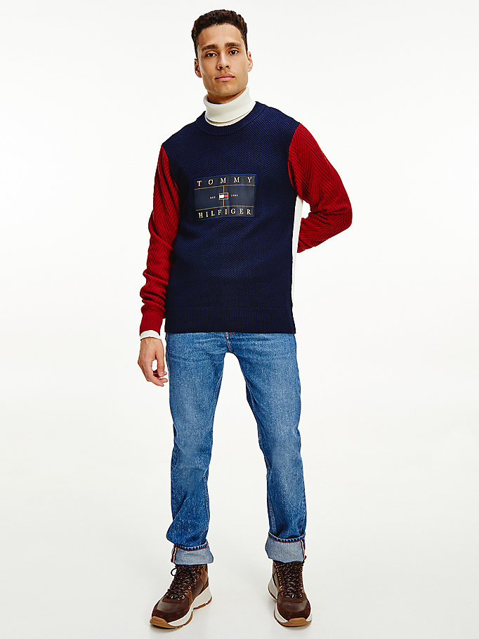 Tommy Hilfiger Icons Colour-Blocked Mixed Knit Gensere Herre Blå | JBFVGQ-651