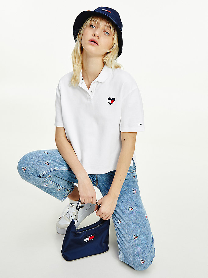 Tommy Hilfiger Jacquard Cropped Fit Polo T Skjorte Dame Hvite | DBNPFT-729