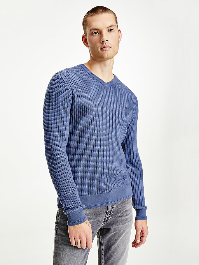 Tommy Hilfiger Knitted Grid Check V-Neck Gensere Herre Blå | FESNZA-251