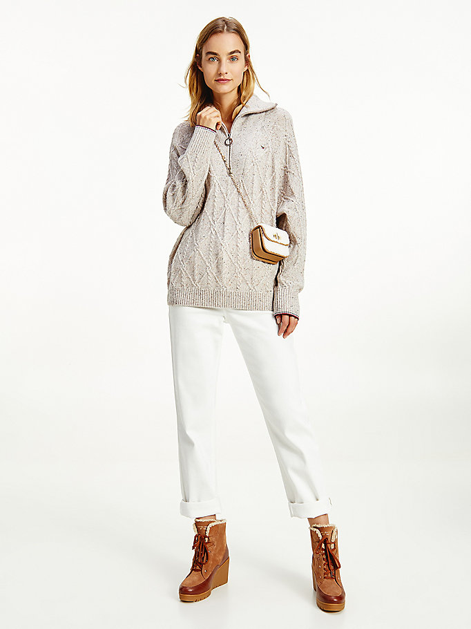 Tommy Hilfiger Lambswool Cable Knit Quarter-Zip Gensere Dame Beige | ROWDQU-719