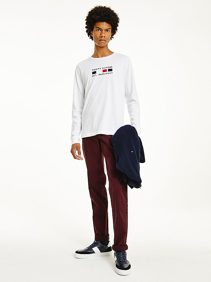 Tommy Hilfiger Logo Embroidery Long Sleeve T-skjorte Herre Hvite | ZTWLHB-308