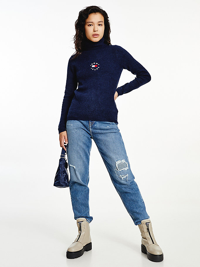 Tommy Hilfiger Logo Embroidery Ribbed Roll Neck Gensere Dame Blå | HXPYRQ-297