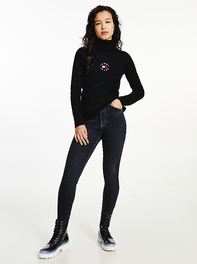 Tommy Hilfiger Logo Embroidery Ribbed Roll Neck Gensere Dame Svarte | QJXUMS-149