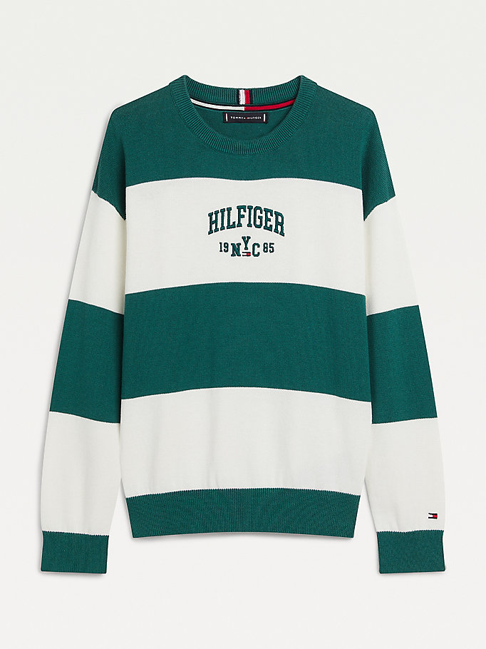 Tommy Hilfiger Logo Embroidery Stripe Crew Neck Jumper Gutt Grønn | KPUXZT-459