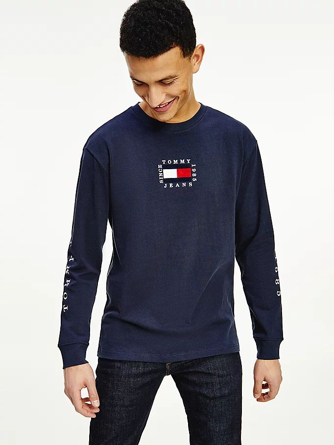 Tommy Hilfiger Long Sleeve Flag T-skjorte Herre Blå | ZFCDRA-271