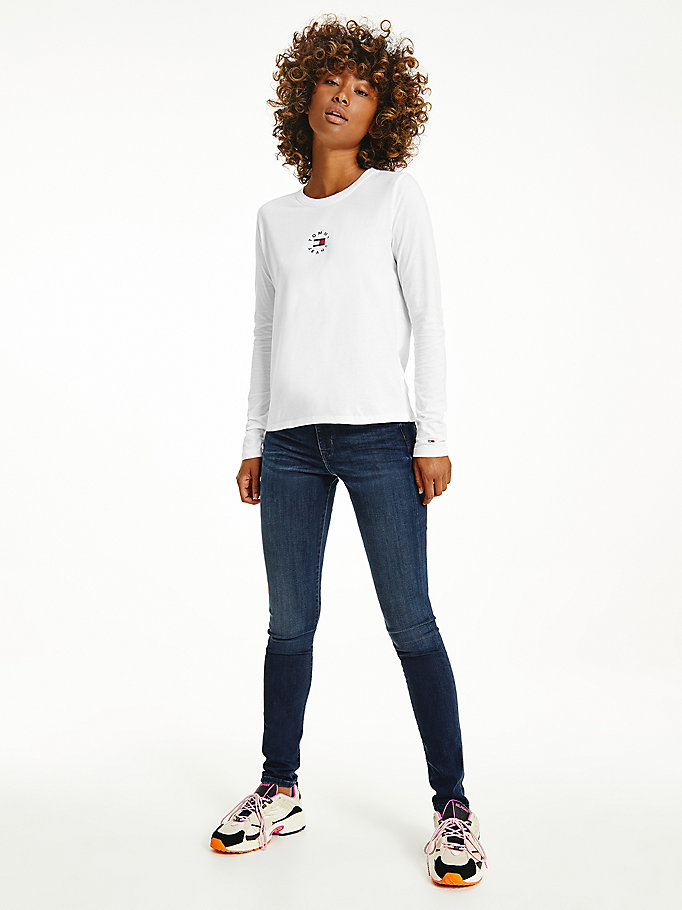 Tommy Hilfiger Long Sleeve Logo Slim Fit T-skjorte Dame Hvite | OWRDTZ-260