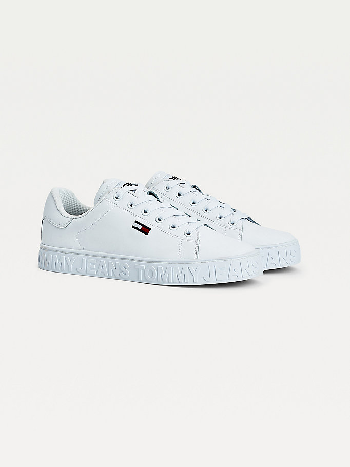 Tommy Hilfiger Lær Embossed Sole Joggesko Dame Hvite | OJQXGF-613