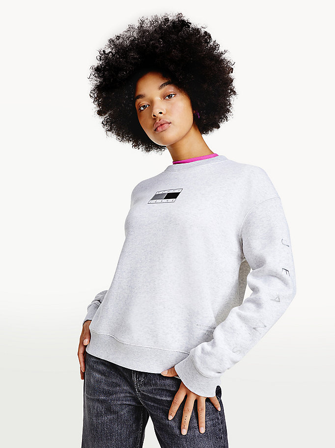 Tommy Hilfiger Metallic Badge Crew Neck Sweatshirt Dame Grå | RZQYLE-475