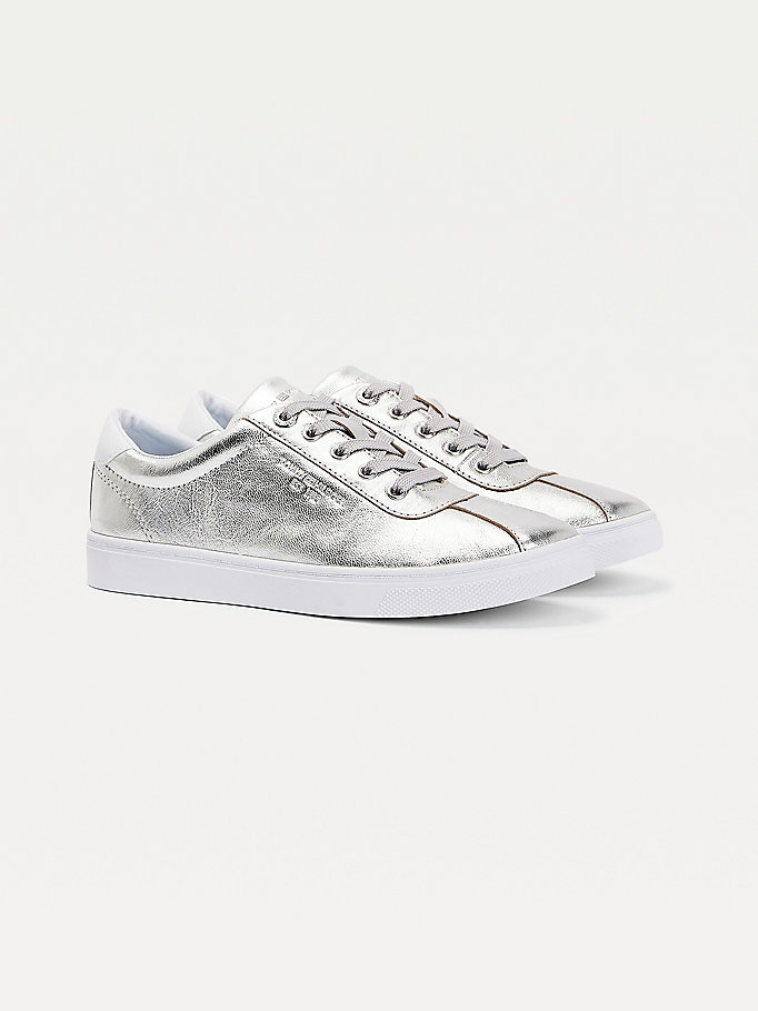 Tommy Hilfiger Metallic Lær Joggesko Dame Grå | CBOMYD-018