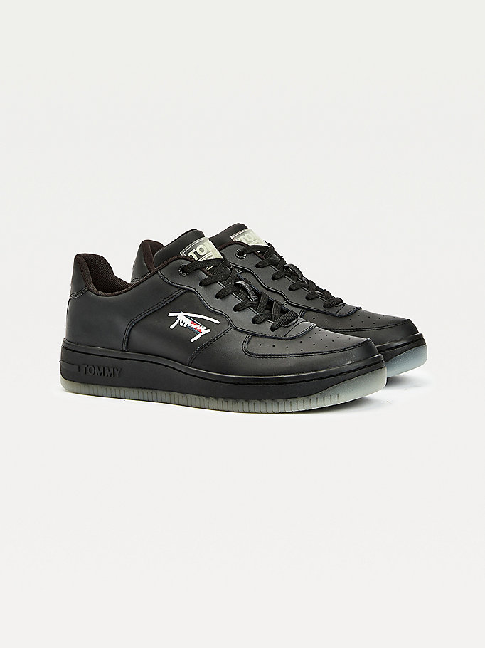 Tommy Hilfiger Nightglow Cupsole Lær Basketball Joggesko Herre Svarte | QFOKAC-821