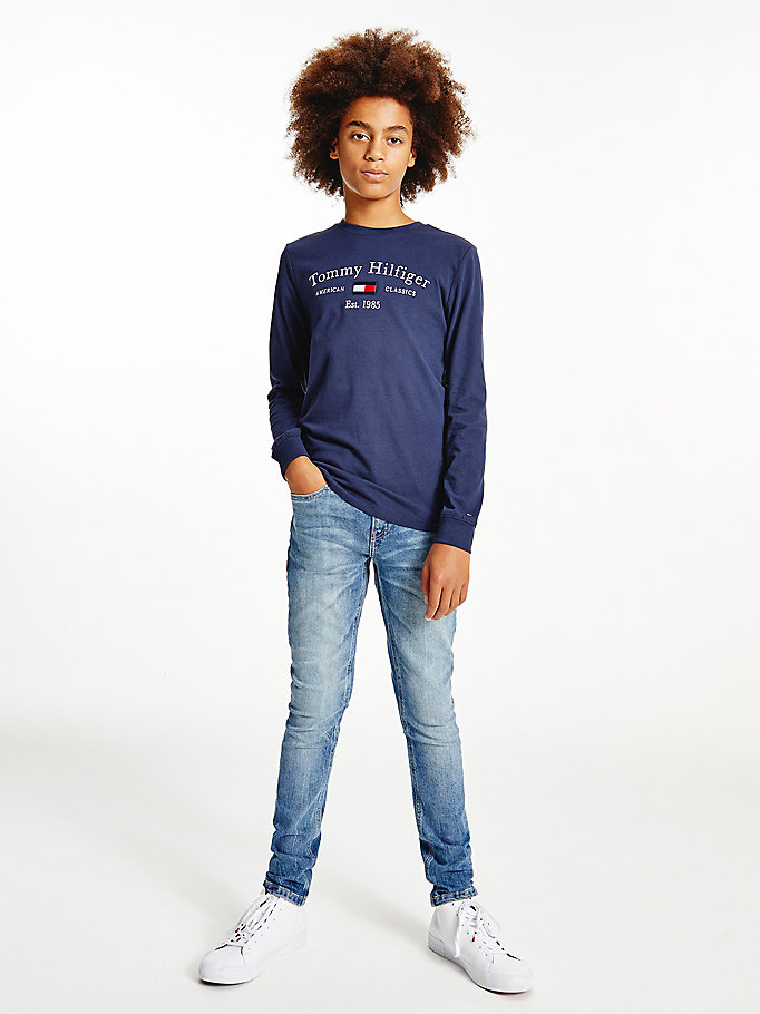 Tommy Hilfiger Organic Bomull Logo Long Sleeve T-skjorte Gutt Blå | BDJFQK-372