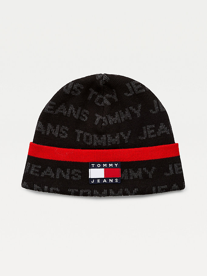 Tommy Hilfiger Organic Bomull Logo Print Beanie Hatt Herre Svarte | NYSIGT-503