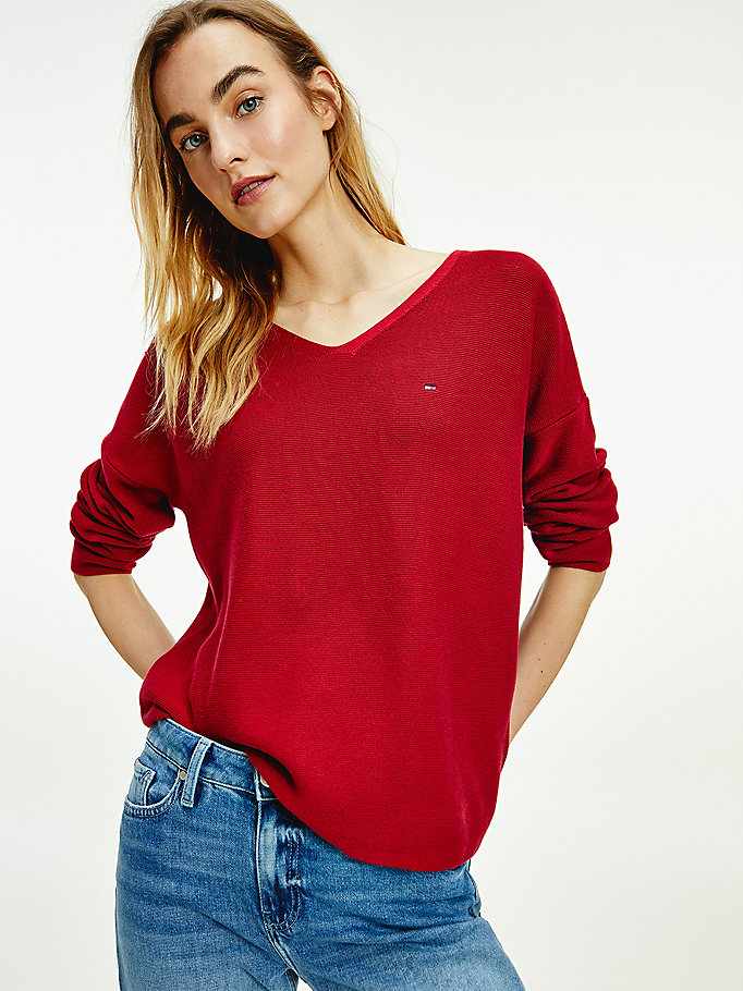 Tommy Hilfiger Organic Bomull Relaxed V-Neck Gensere Dame Rød | CXGLOR-198