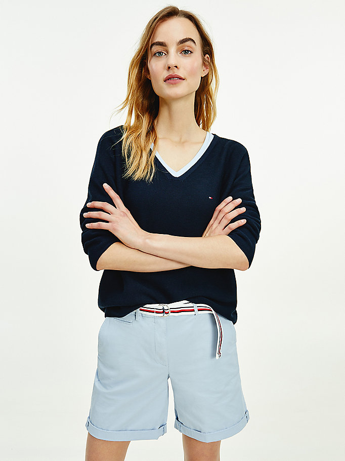 Tommy Hilfiger Organic Bomull Relaxed V-Neck Gensere Dame Blå | DXGEBA-875