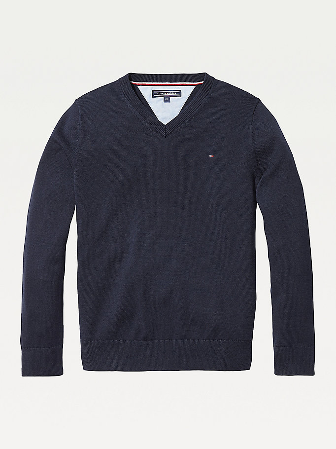 Tommy Hilfiger Organic Bomull V-Neck Jumper Gutt Blå | JGLXKP-270