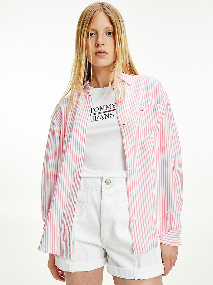 Tommy Hilfiger Oversized Stripe Skjorte Dame Rosa | GBHMRO-145